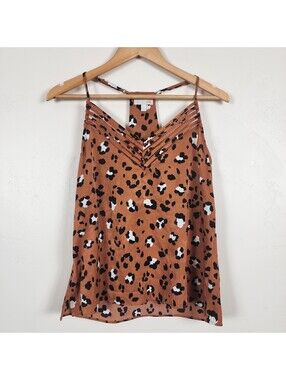 GB Leopard Print Strappy Cami Tank Brown Cheetah Lattice V Neck Racerback Y2K